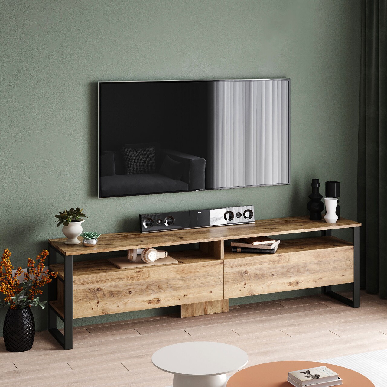 Comoda TV, Locelso, ML19 - A, 180 x 56 x 35.5 cm, pal melaminat, maro/negru - imagine 7